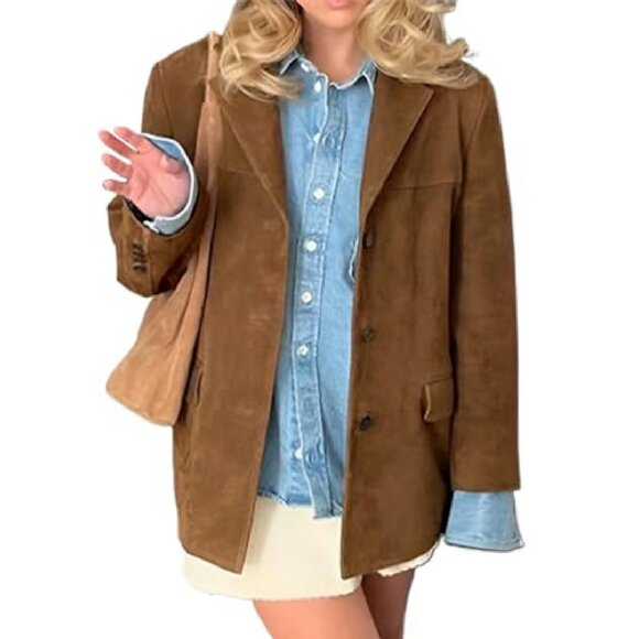 Oversized Faux Leather Blazer Jacket Mid-Thigh Length Long Sleeve - Picture 2 of 5